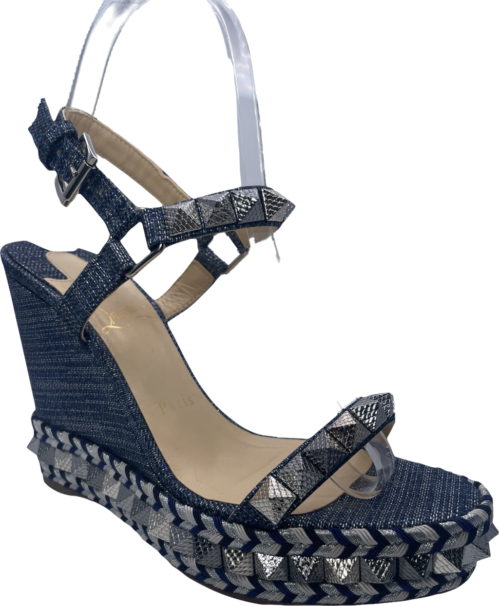 Christian Louboutin Pyraclou Spike Denim Wedge Red Sole Sandal In Blue UK 4 EU 37 👠