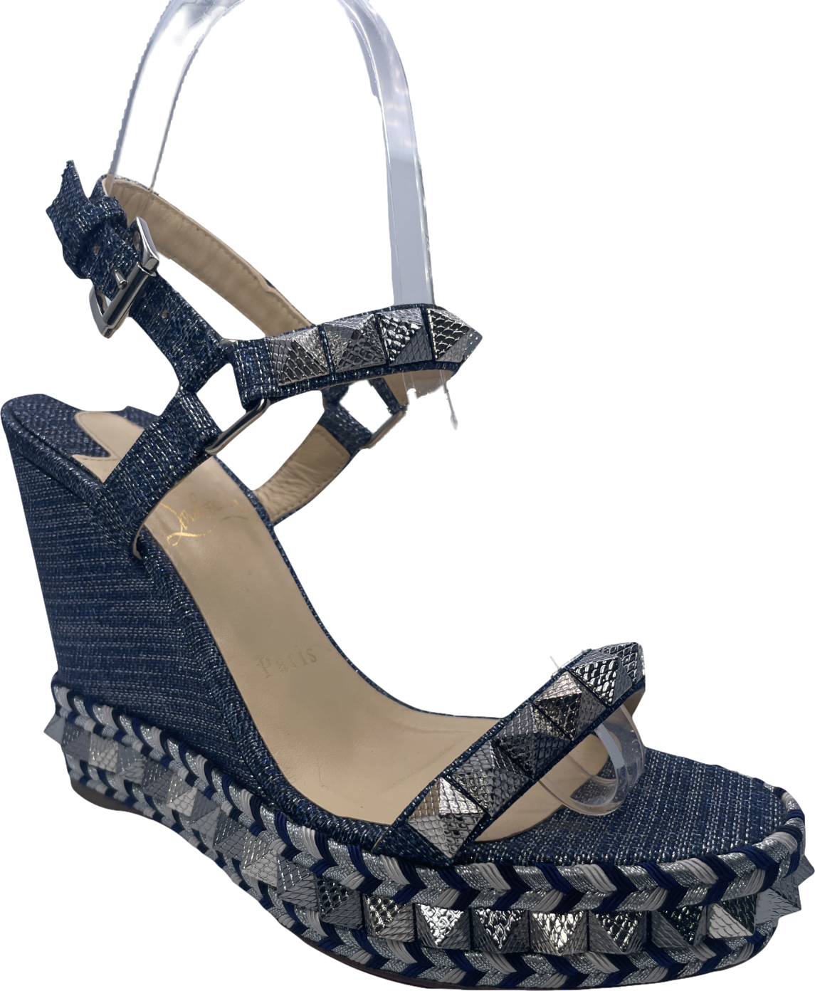 Christian Louboutin Pyraclou Spike Denim Wedge Red Sole Sandal In Blue UK 4 EU 37 👠