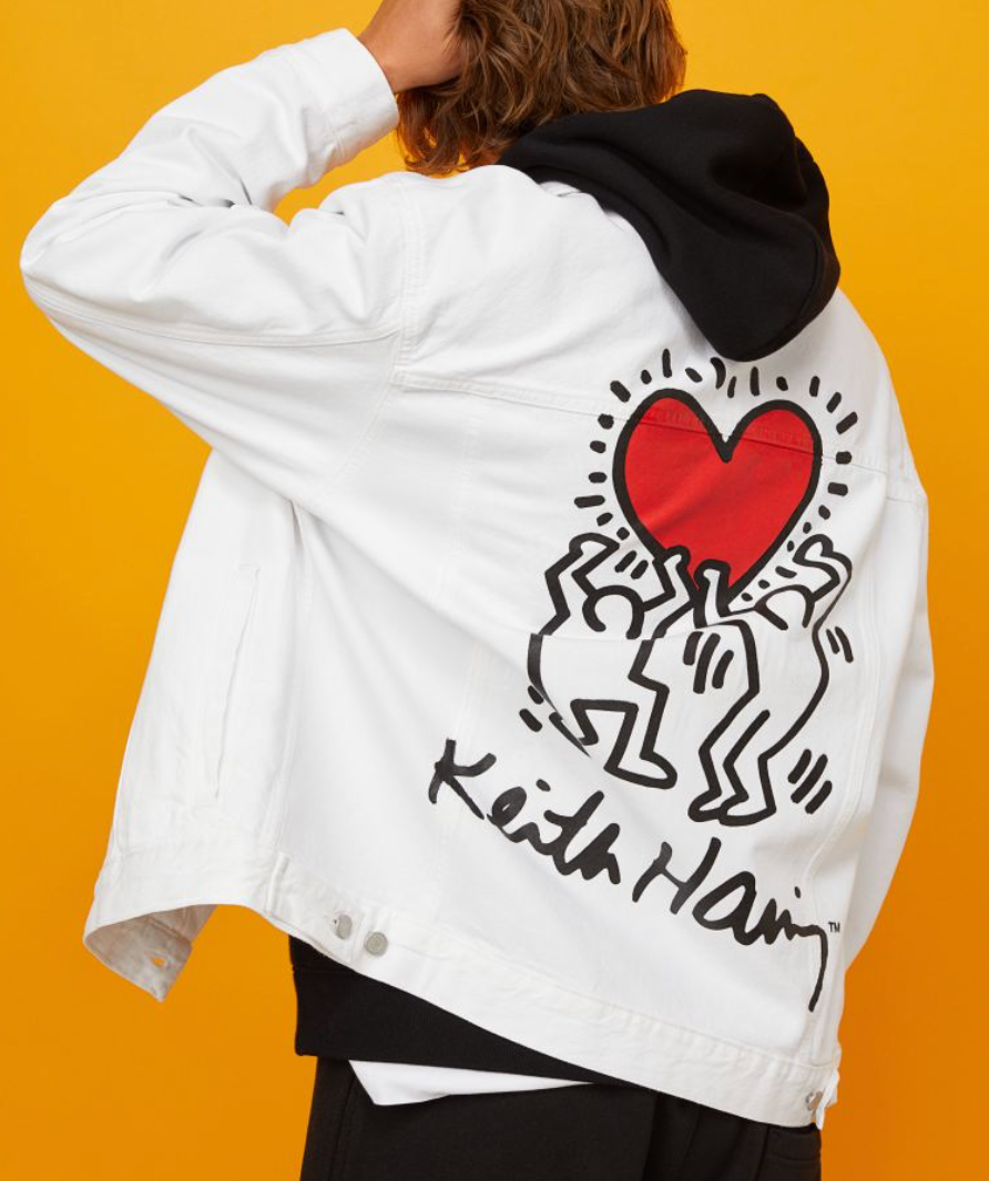 H&M white oversized printed denim jacket UK M