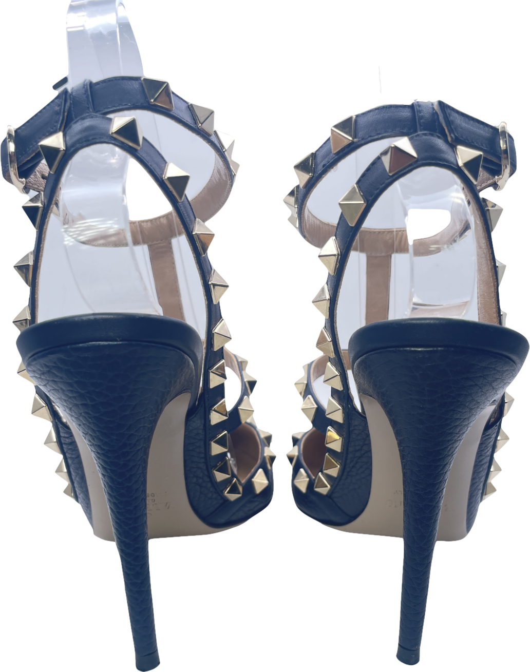 Valentino Garavani Navy Blue Rockstud Grainy Calfskin Ankle Strap Pump 100 Mm UK 4 EU 37 👠