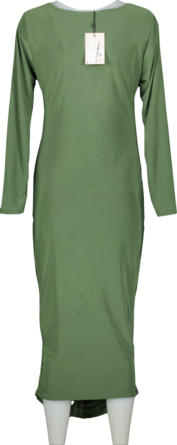 Missguided Green Khaki Long Sleeve Slinky Ruched Midi Dress Bnwt UK 20