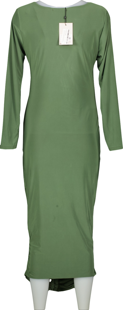 Missguided Green Khaki Long Sleeve Slinky Ruched Midi Dress Bnwt UK 20