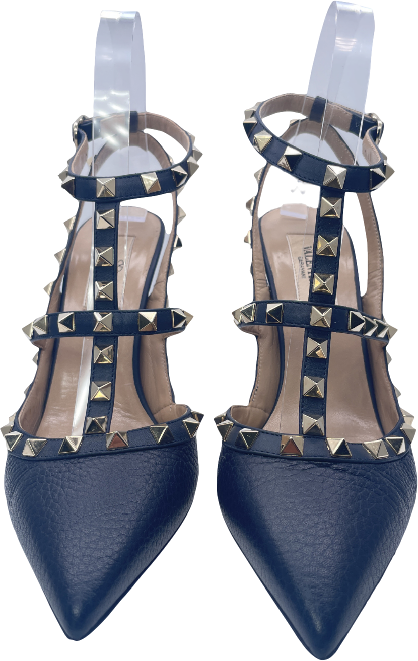 Valentino Garavani Navy Blue Rockstud Grainy Calfskin Ankle Strap Pump 100 Mm UK 4 EU 37 👠