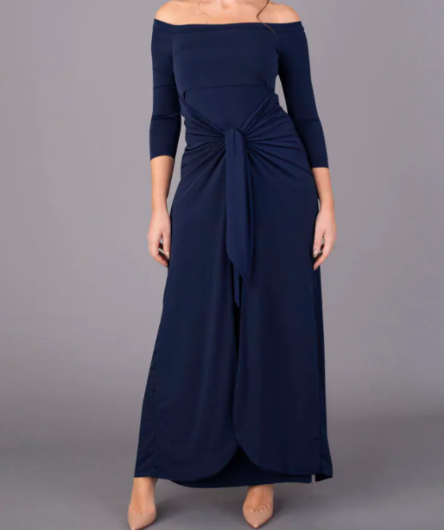 Pefect Dress Company navy long sleeve bardot maxi dress UK 10-12
