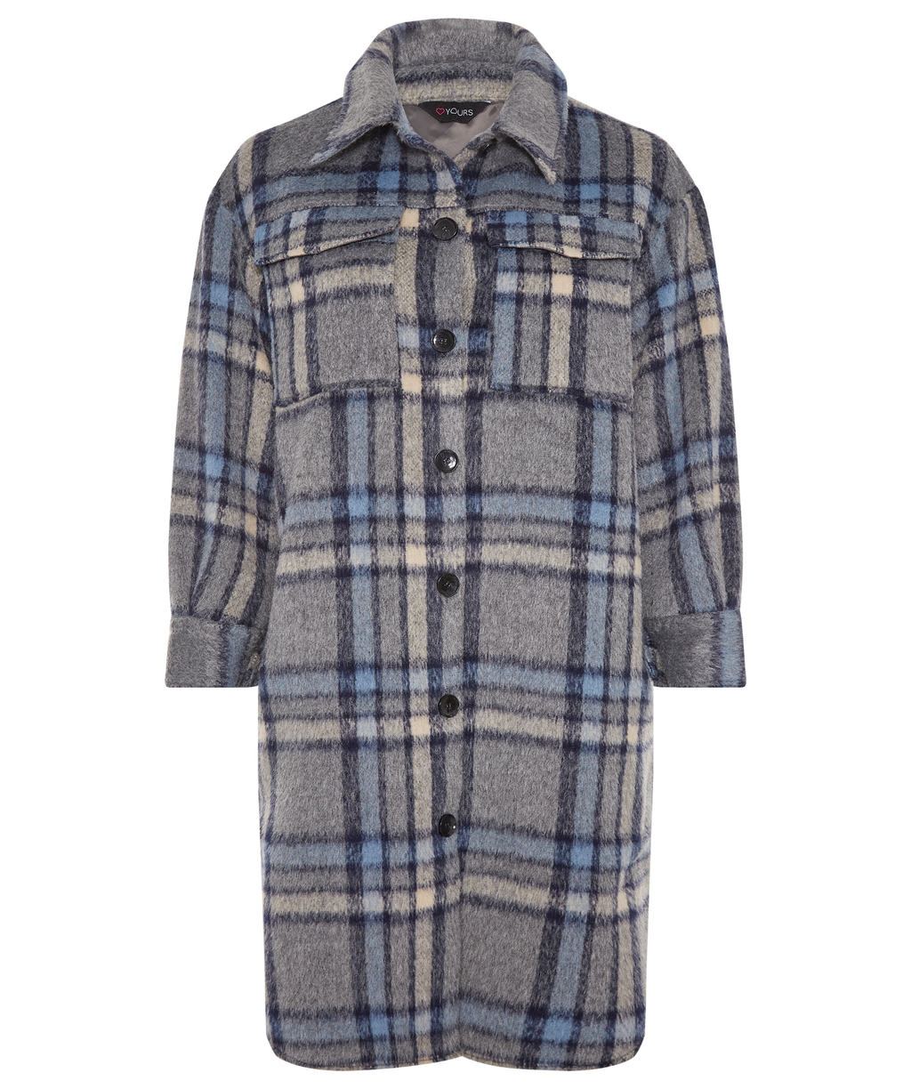 Yours Blue Grey & Blue Curve Checked Midi Shacket UK 26-28