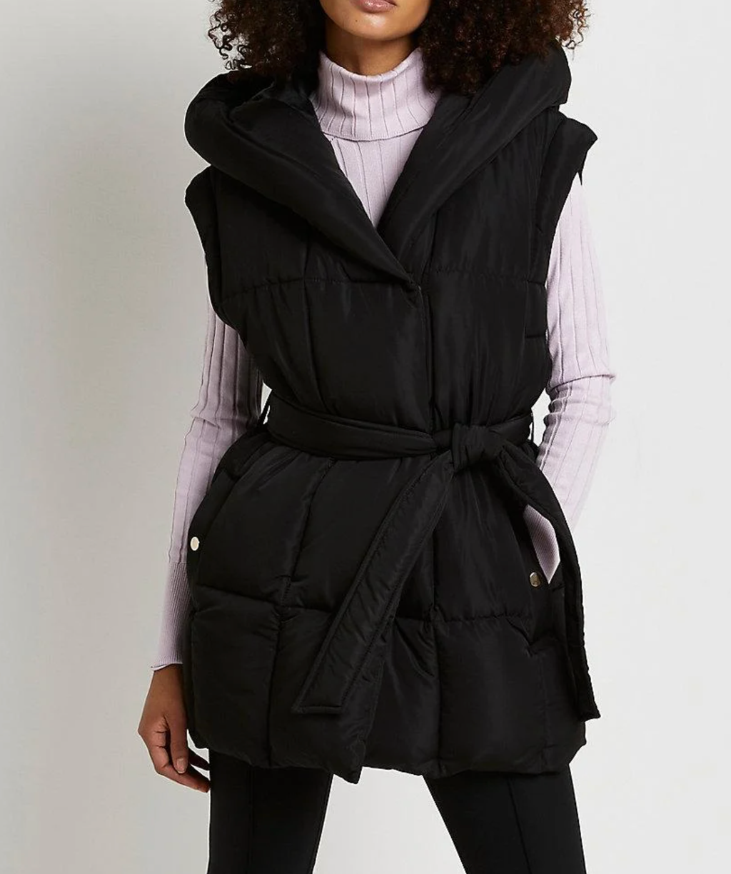 River Island Black Tie Waist Hooded Puffer Gilet UK XS