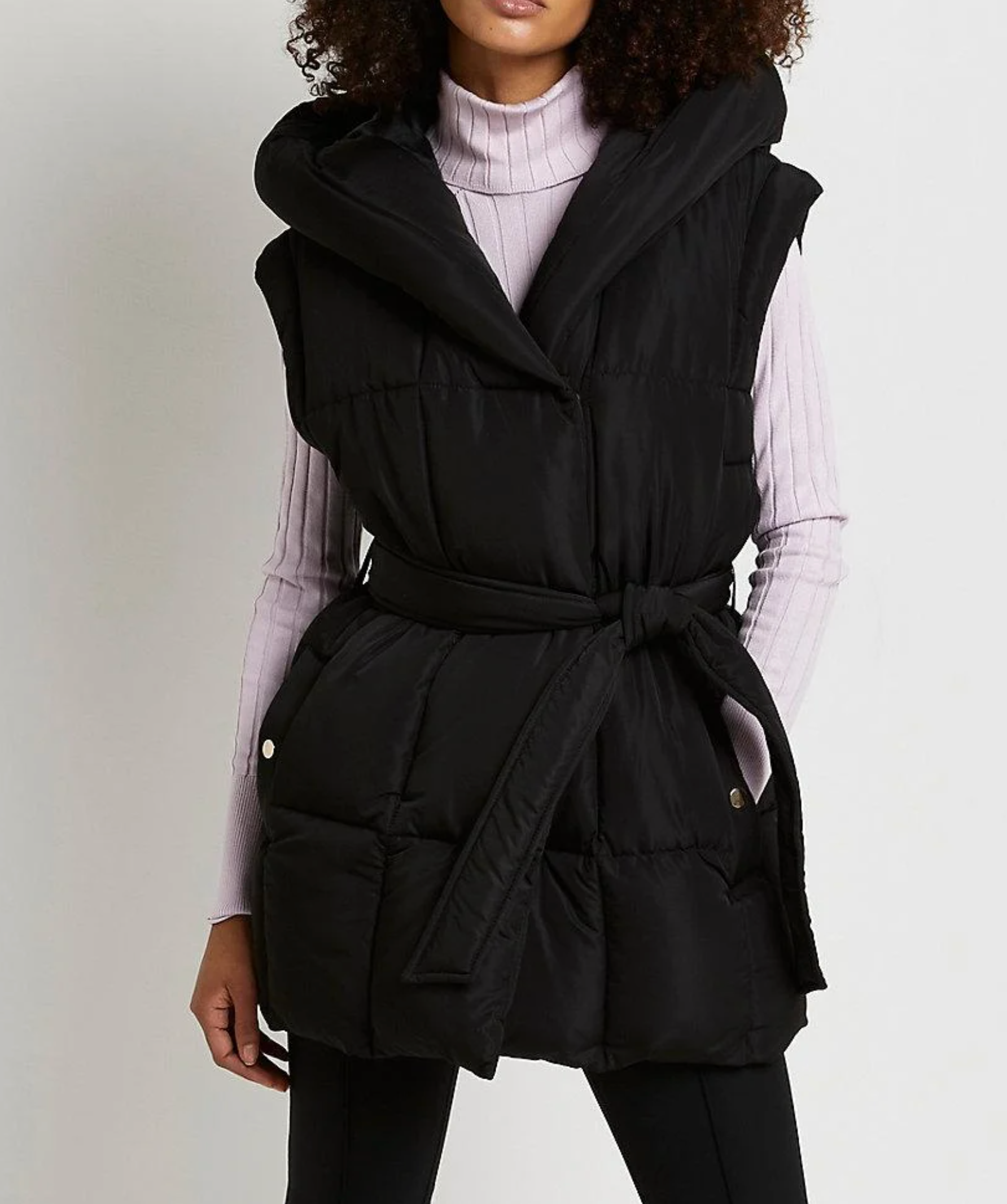 River Island Black Tie Waist Hooded Puffer Gilet UK XS