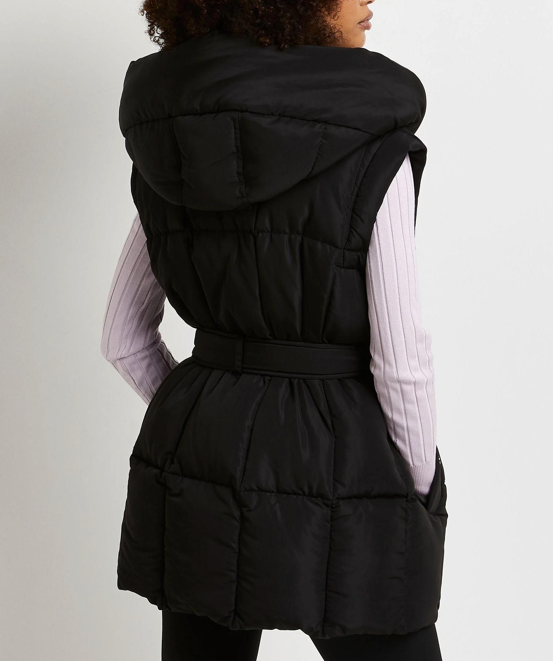 River Island Black Tie Waist Hooded Puffer Gilet UK XS