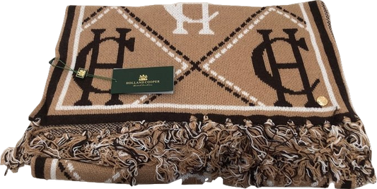 Holland Cooper Camel Classic Cotton & Wool Blend Monogram Scarf BNWT