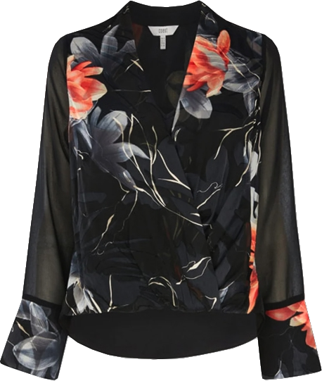 Coast Black Floral Chiffon Layered Wrap Blouse UK 14