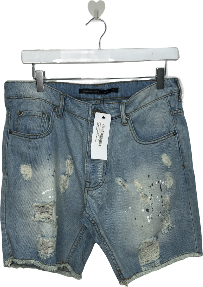 Brave Soul Blue Distressed Paint Denim Shorts UK M