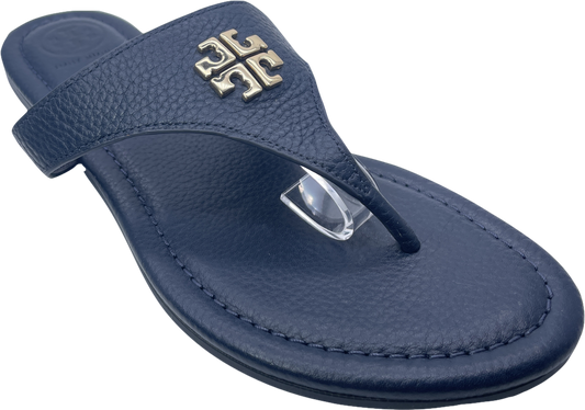Tory Burch Navy Blue Leather Thong Mule Sandals With Gold Logo UK 3.5 EU 36.5 👠
