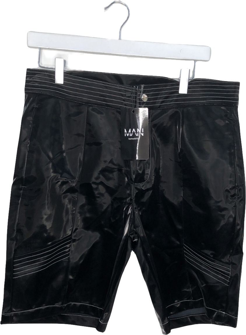 boohooMan Black Pu Contrast Stitch Biker Shorts UK L