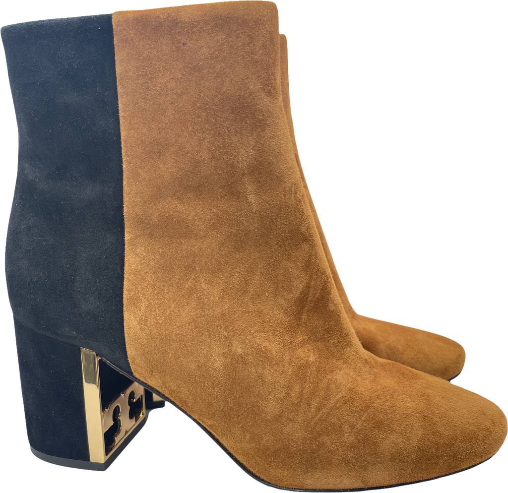 Tory Burch Black / Camel Suede Gigi Logo Heel Ankle Boots Us7 UK 4 EU 37 👠