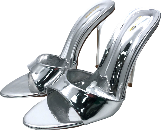 PrettyLittleThing Metallic Silver Pointed Pu Mini Strap High Stiletto Heeled Mules UK 6 EU 39 👠