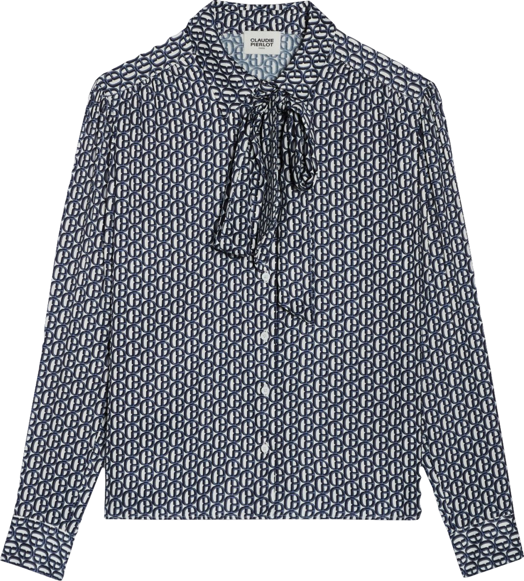 Claudie Pierlot Navy Blue / White Bow Collar Monogram Print Blouse Bnwt UK 8