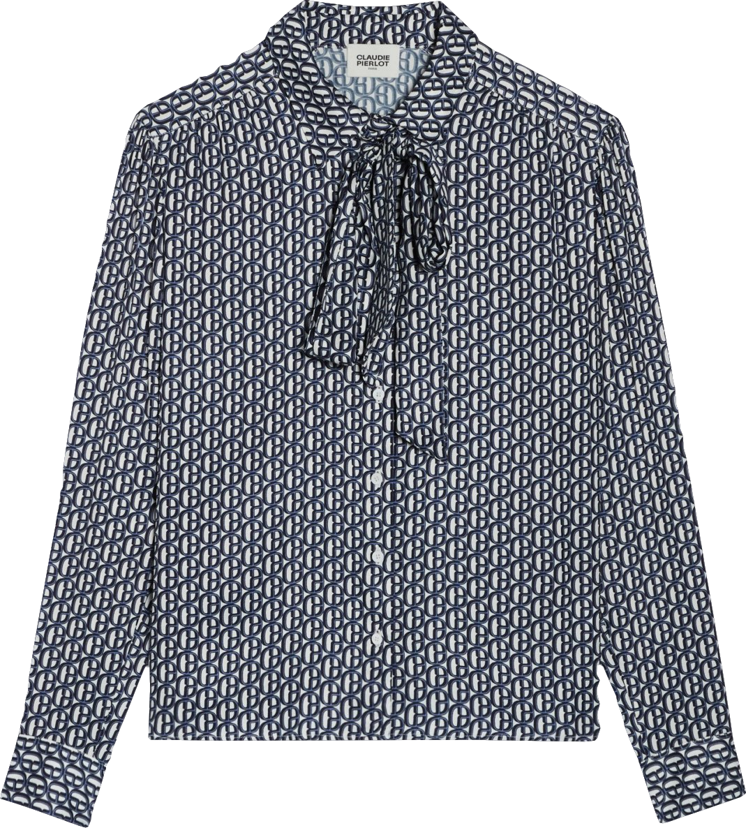 Claudie Pierlot Navy Blue / White Bow Collar Monogram Print Blouse Bnwt UK 8