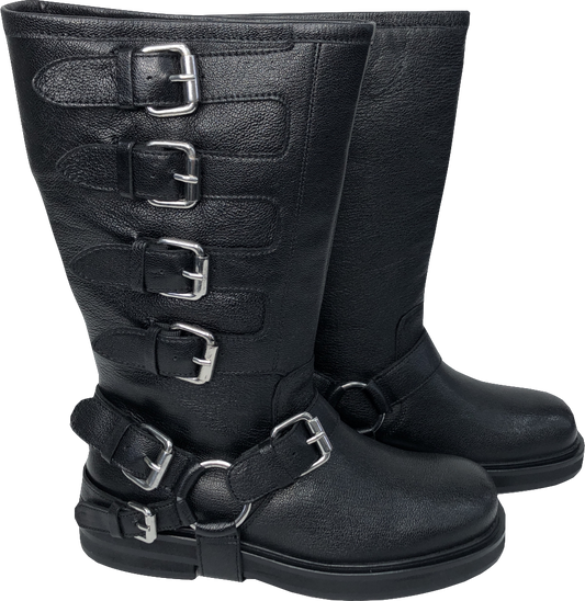 Nasty Gal Black Leather Look Buckle Biker Boots UK 5 EU 38 👠