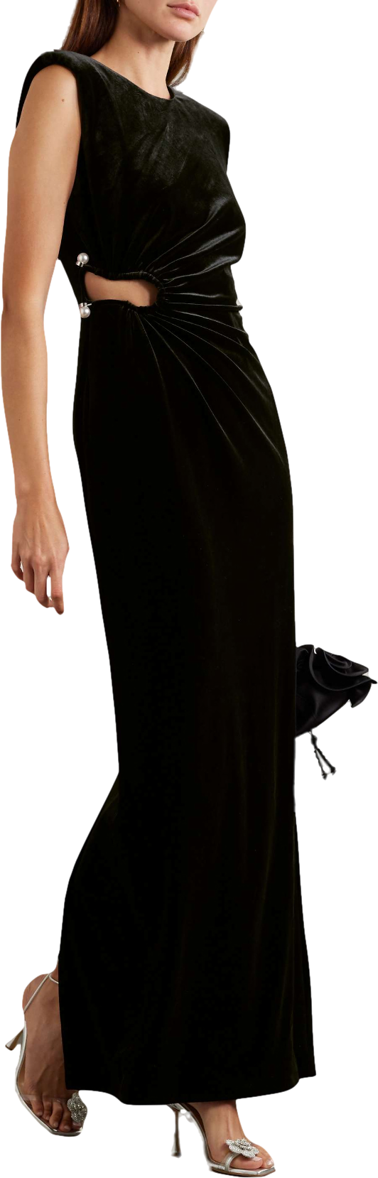 Self-Portrait Black Cutout Gathered Faux Pearl-embellished Velvet Gown UK 12