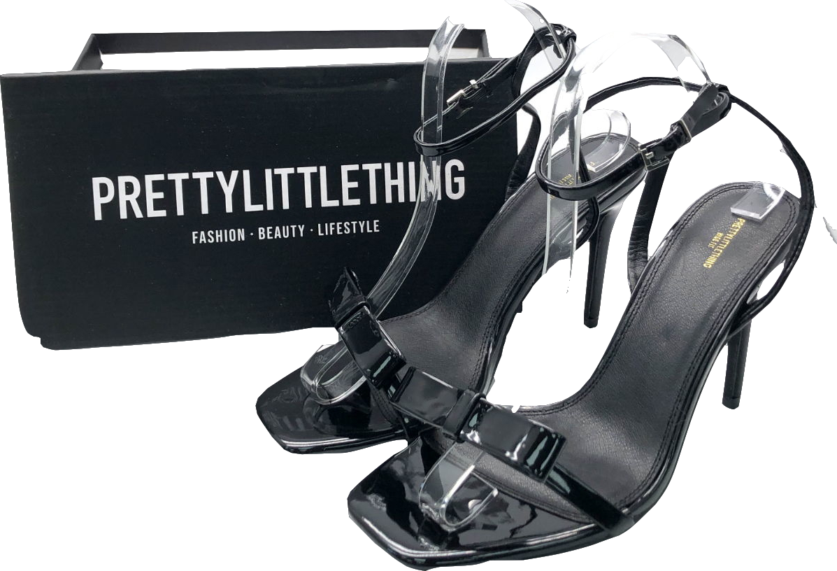 PrettyLittleThing Black Patent Pu Square Toe Bow Heeled Sandals UK 6 EU 39 👠