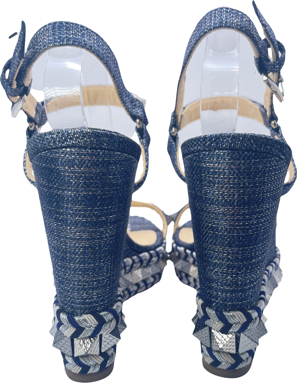 Christian Louboutin Pyraclou Spike Denim Wedge Red Sole Sandal In Blue UK 4 EU 37 👠