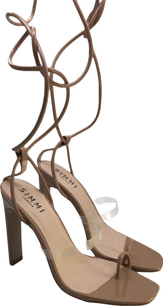 Simmi London Nude Patent Tie Up Stiletto Heeled Sandals UK 6 EU 39 👠
