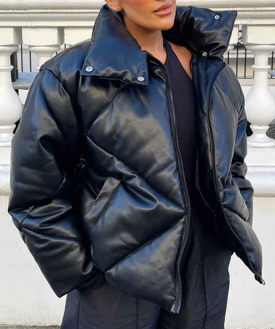 Kaiia Black PU Quilted Puffer Jacket UK 8