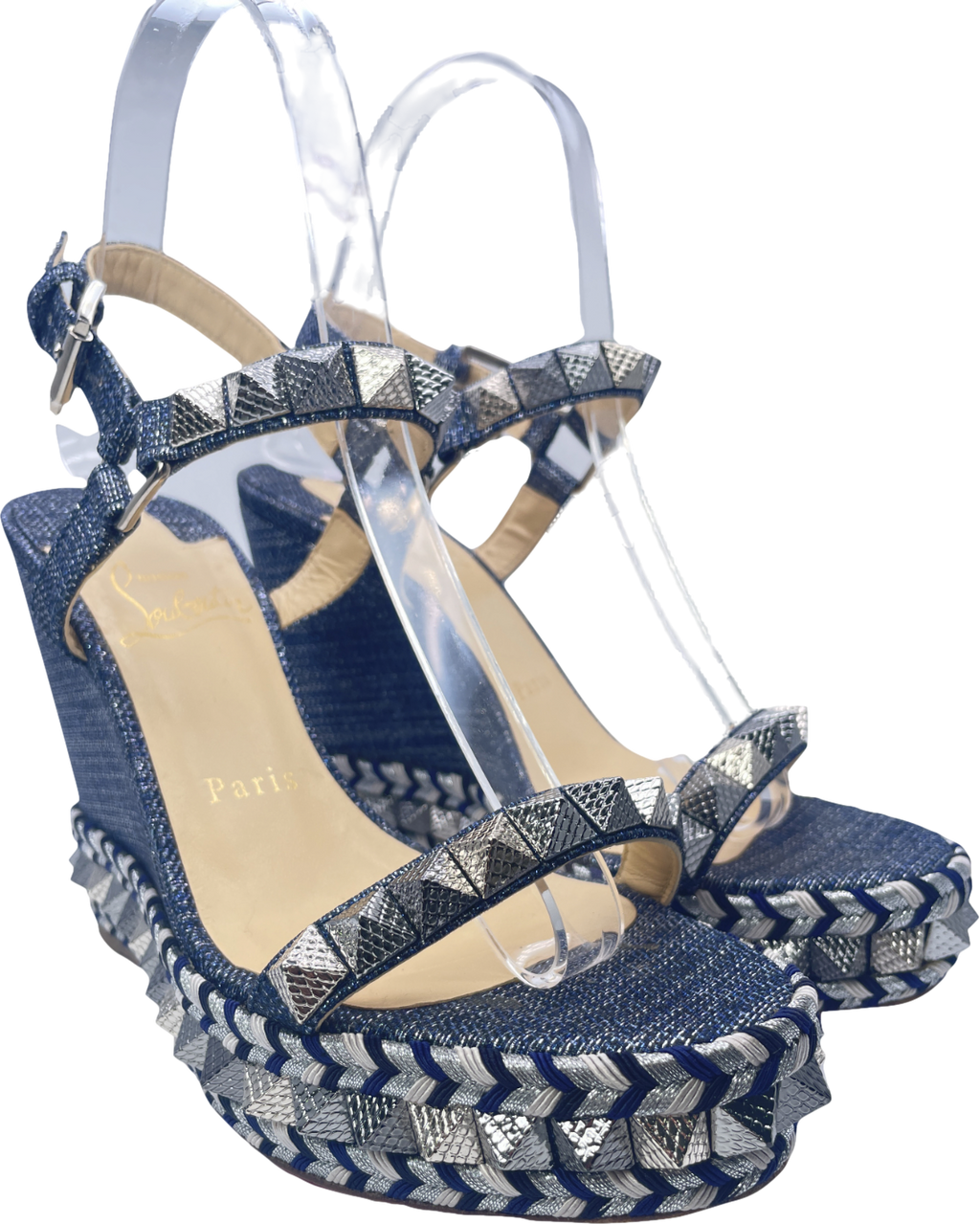 Christian Louboutin Pyraclou Spike Denim Wedge Red Sole Sandal In Blue UK 4 EU 37 👠