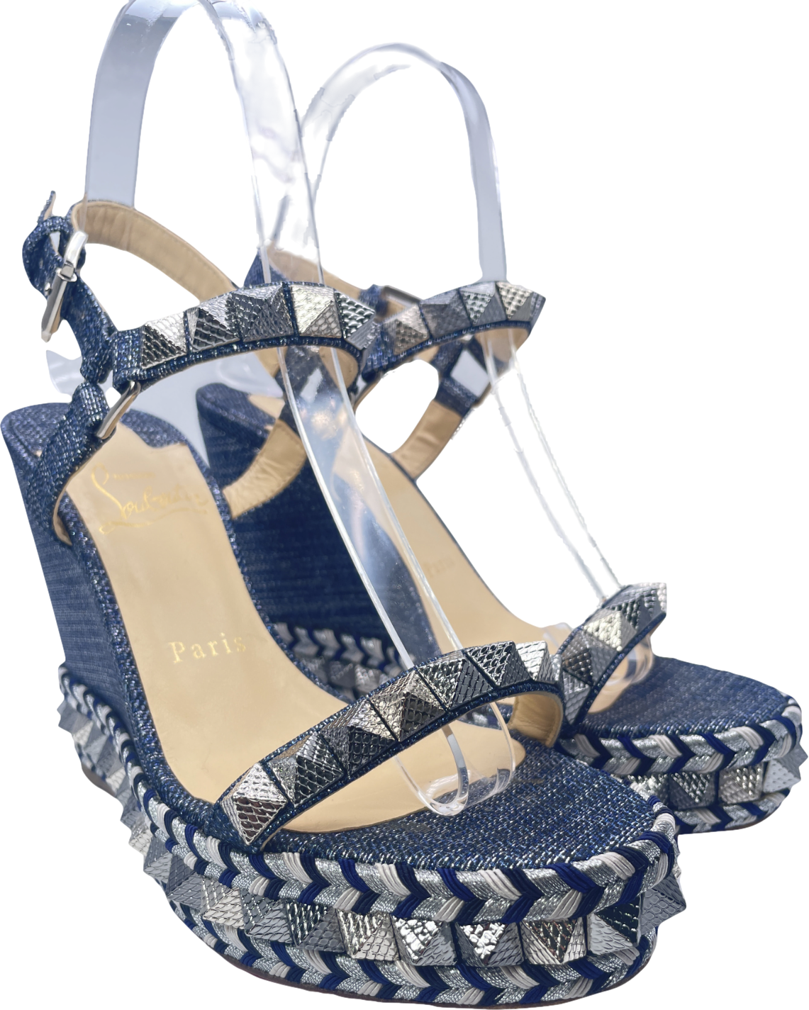Christian Louboutin Pyraclou Spike Denim Wedge Red Sole Sandal In Blue UK 4 EU 37 👠