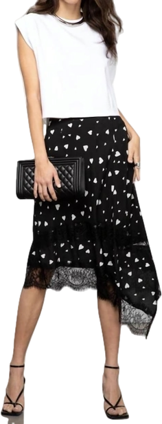 Essentiel Antwerp Black Asymmetric Heart Print Lace Trim Skirt UK 10