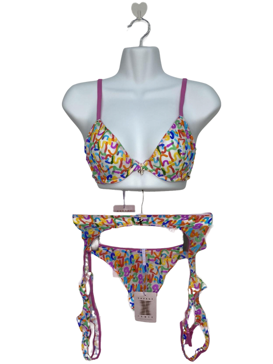 Savage X fenty Multicoloured Lace Suspender, Thong And Underwire Bralette Set UK 12