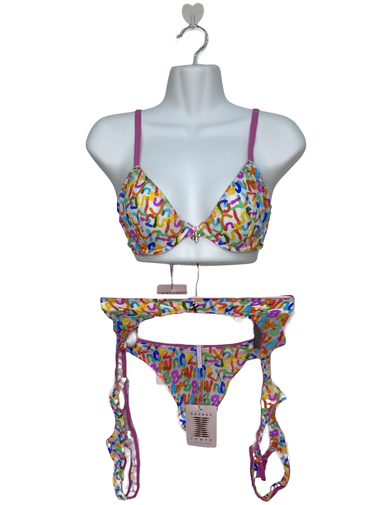 Savage X fenty Multicoloured Lace Suspender, Thong And Underwire Bralette Set UK 12