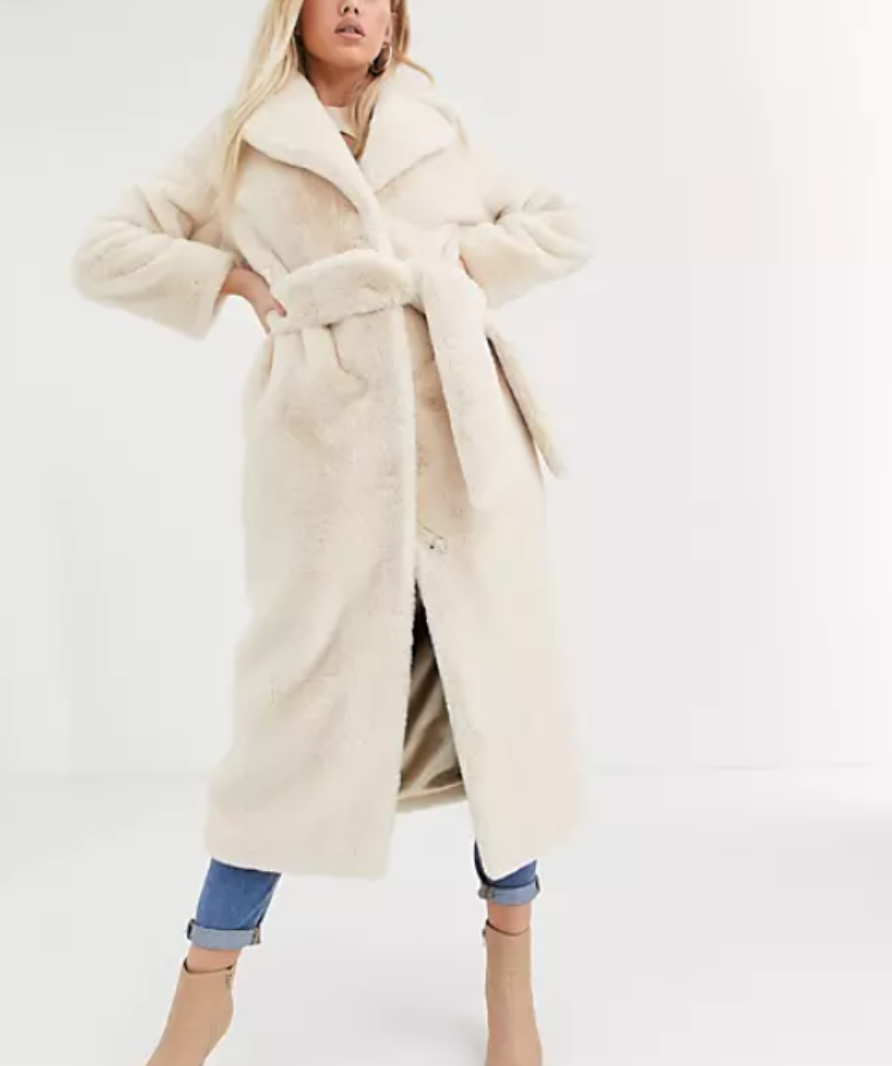 Asos Cream Faux Fur Longline Maxi Coat with Belt UK 16