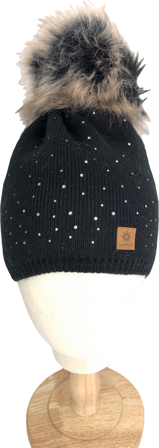 Woolk Black Winter Fleece Lined Embellished Pompom Hat One Size