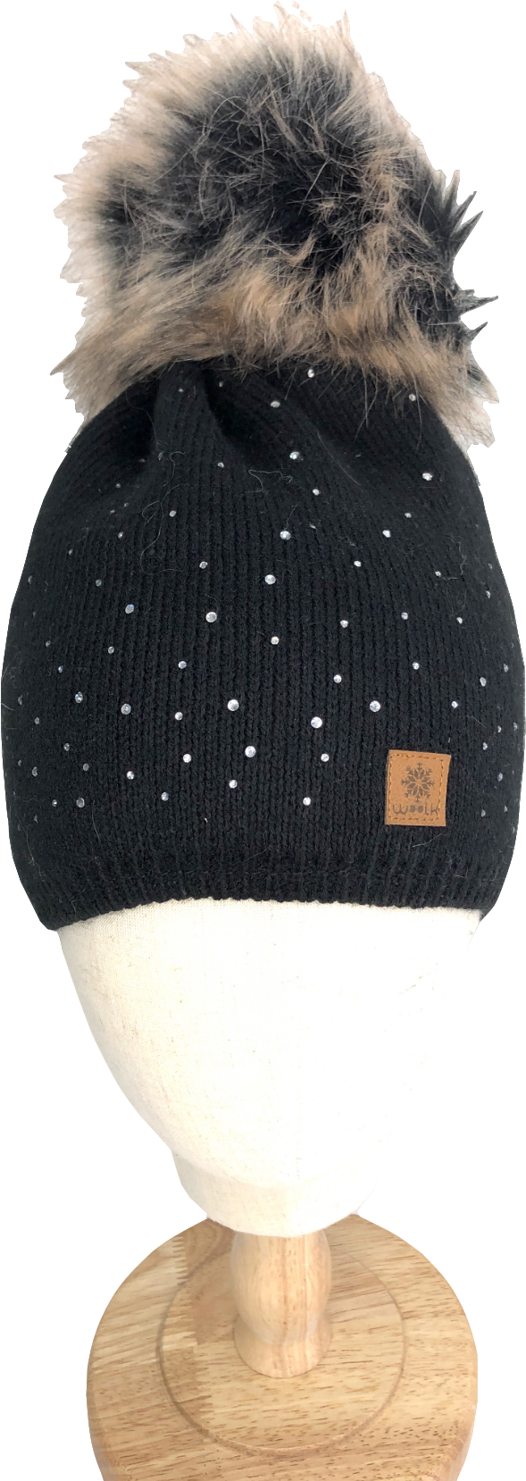 Woolk Black Winter Fleece Lined Embellished Pompom Hat One Size