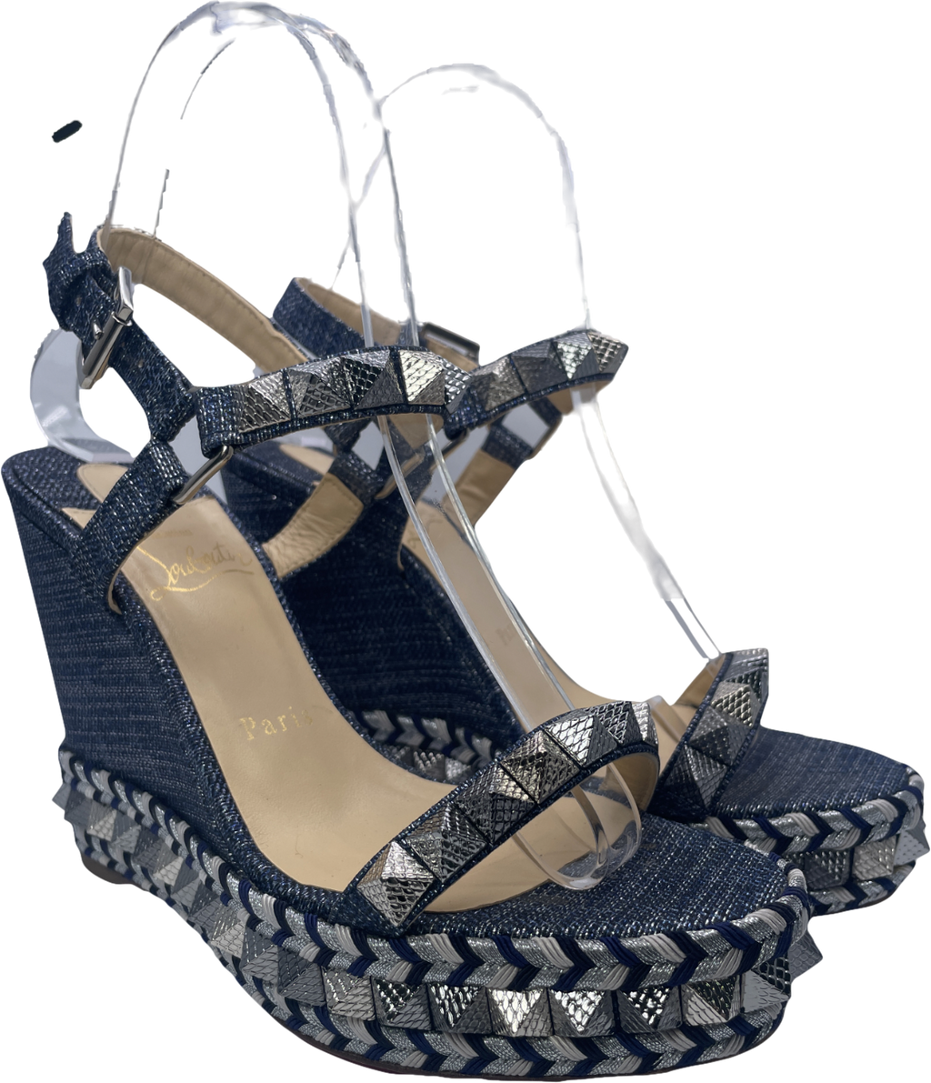 Christian Louboutin Pyraclou Spike Denim Wedge Red Sole Sandal In Blue UK 4 EU 37 👠