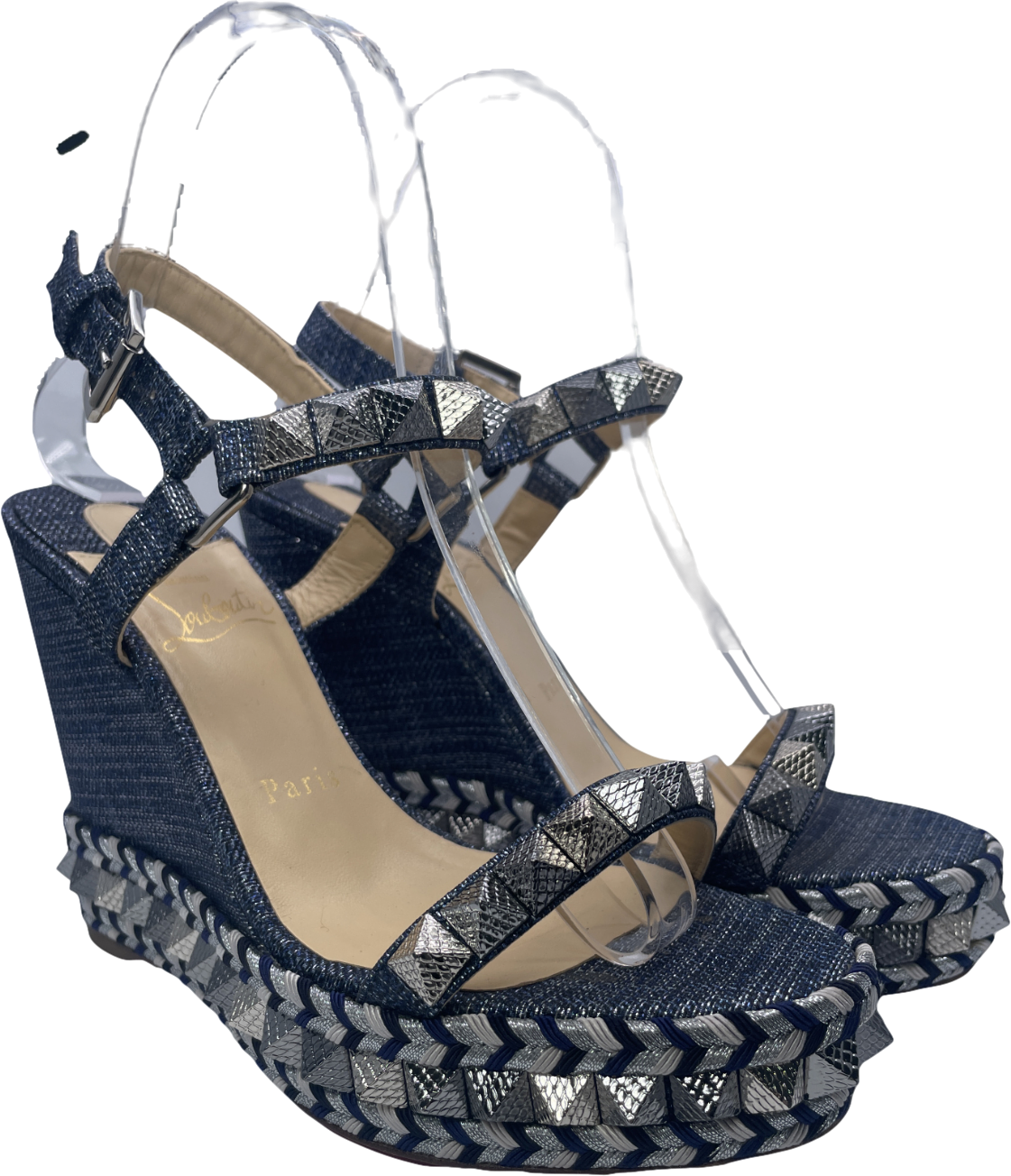 Christian Louboutin Pyraclou Spike Denim Wedge Red Sole Sandal In Blue UK 4 EU 37 👠