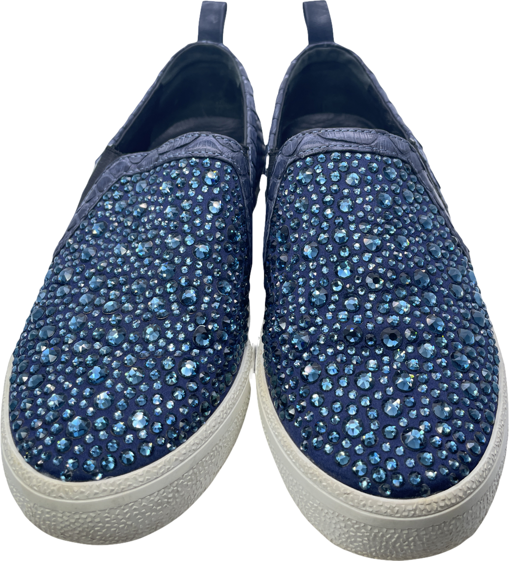 Gina Blue Navy Snake Leather & Crystal Embellished  Slip On Skate Sneakers Trainers UK 3 EU 36 👠