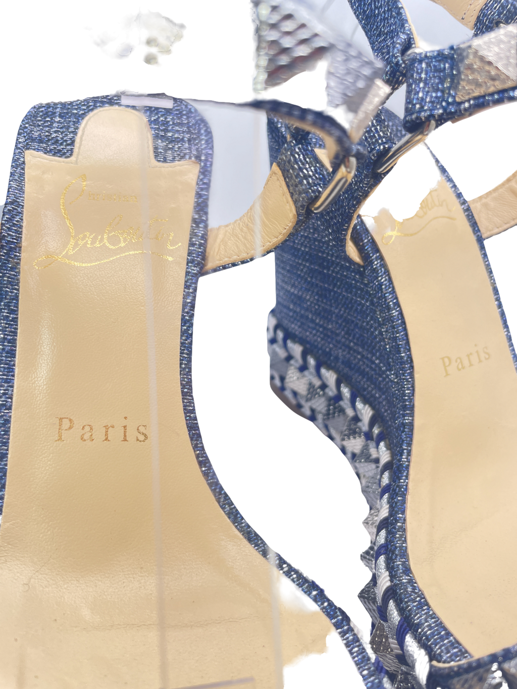 Christian Louboutin Pyraclou Spike Denim Wedge Red Sole Sandal In Blue UK 4 EU 37 👠