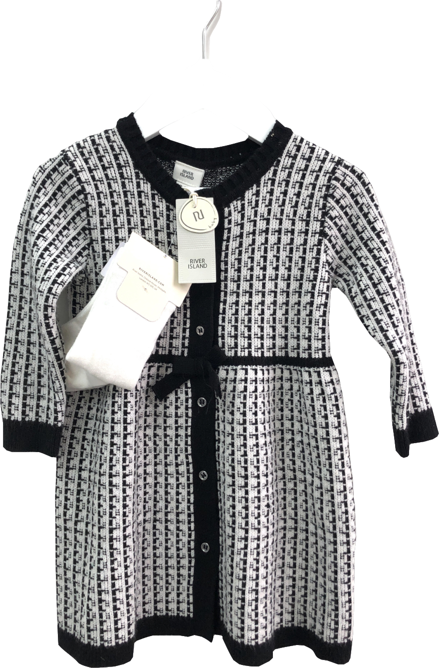 River Island Black Baby Girls Check Knit Cardi Dress Set 9-12 Months