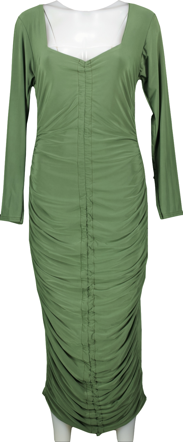 Missguided Green Khaki Long Sleeve Slinky Ruched Midi Dress Bnwt UK 18