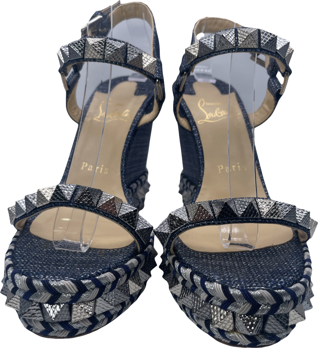 Christian Louboutin Pyraclou Spike Denim Wedge Red Sole Sandal In Blue UK 4 EU 37 👠
