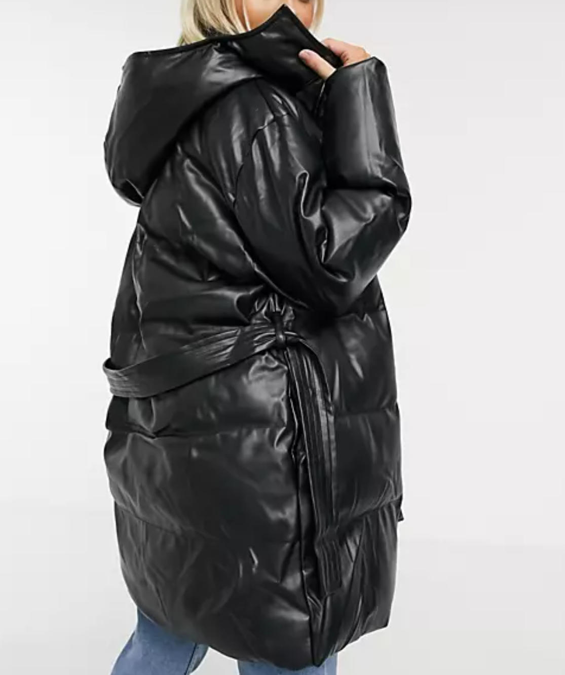 Asos Design Black Leather Look Belted Puffer Jacket UK 16