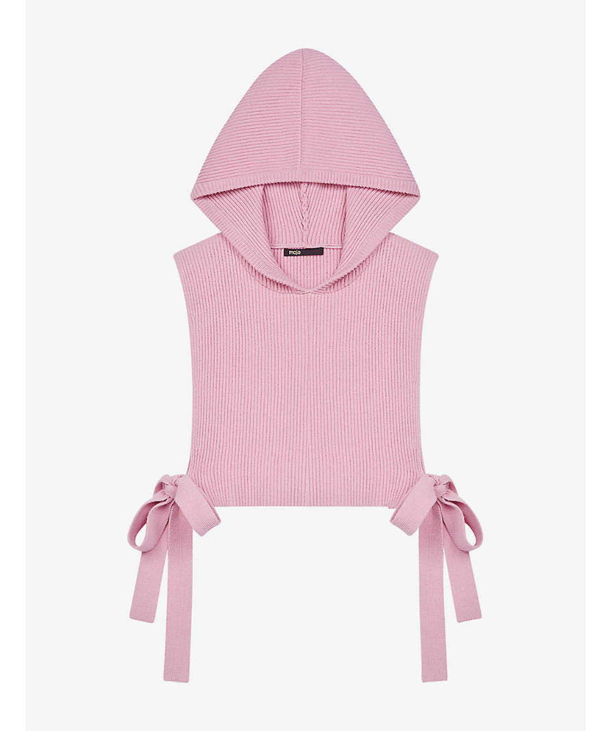 Maje Pink Knit ribbed tie side hooded top UK S