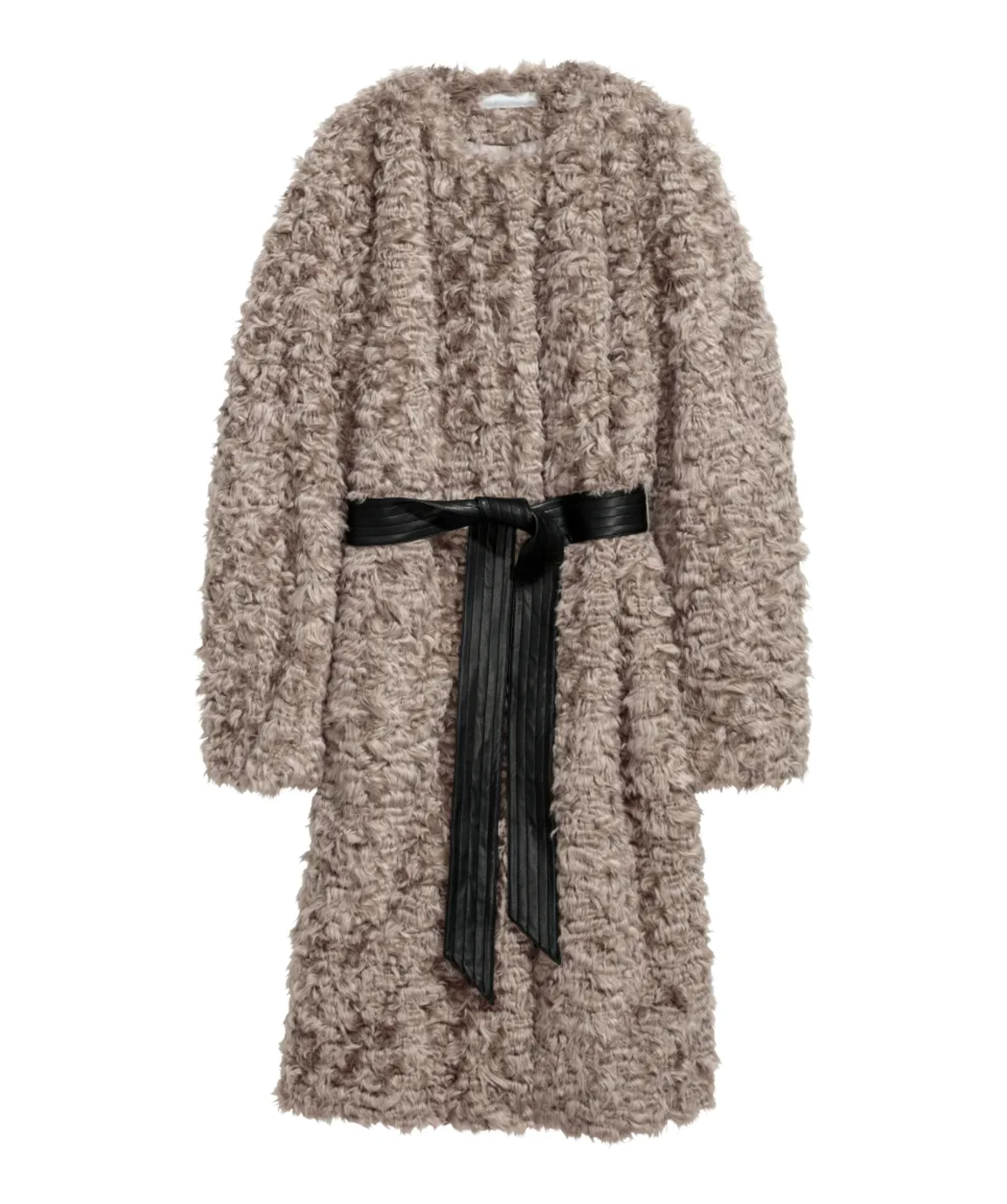 H&M Light Brown Faux Fur Coat with Faux Leather Tie Belt UK 8