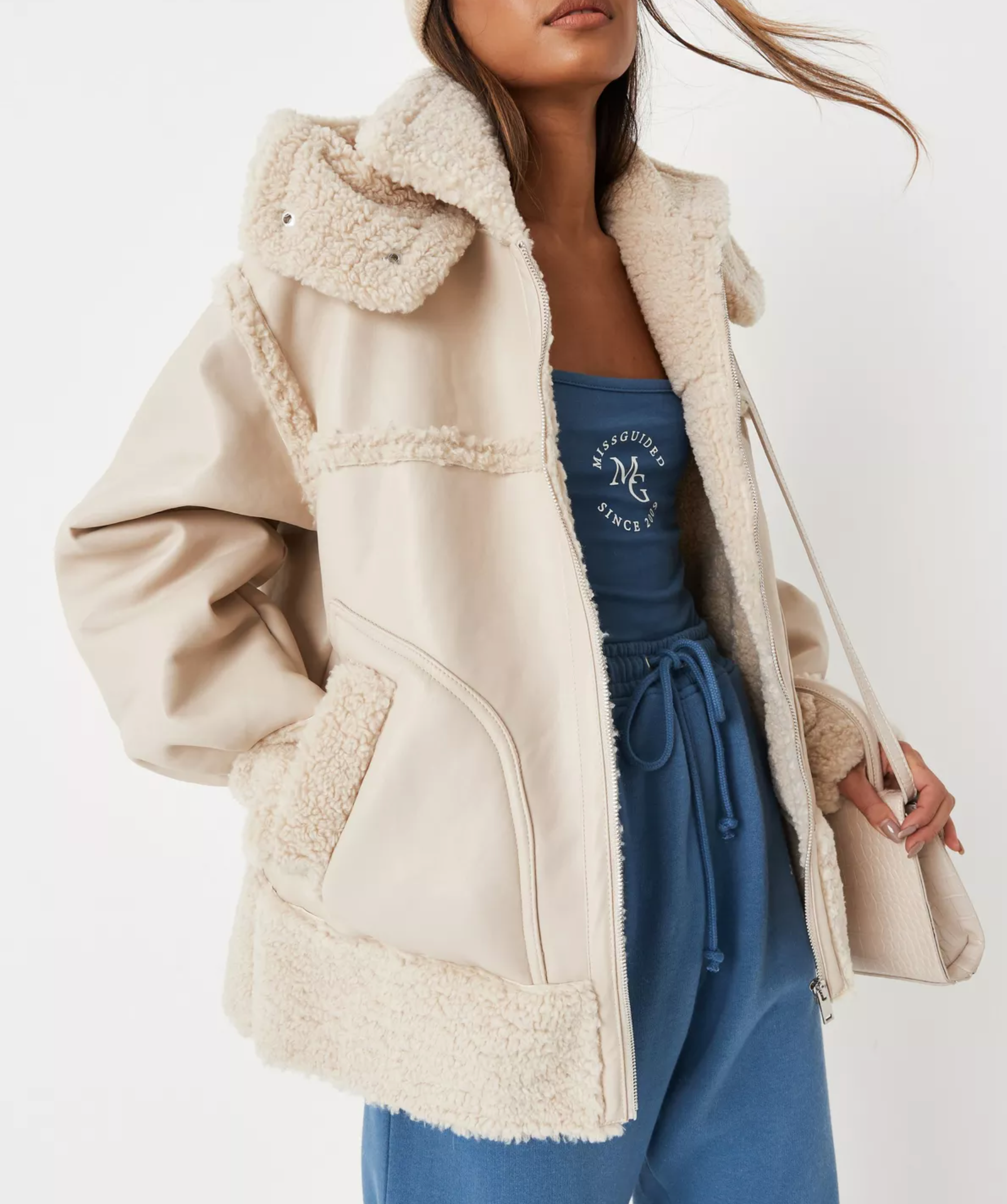 Missguided Cream Borg Teddy Faux Leather Hooded Aviator Jacket UK 8