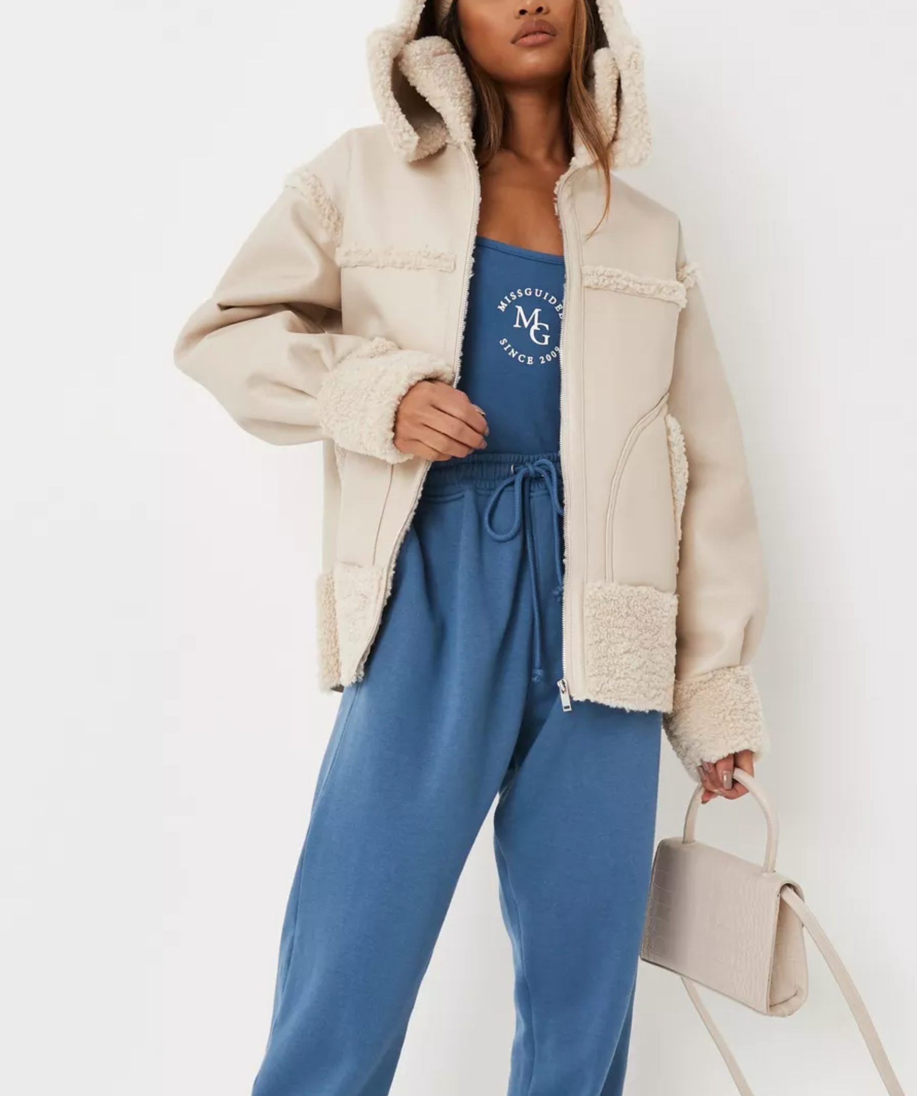 Missguided Cream Borg Teddy Faux Leather Hooded Aviator Jacket UK 8