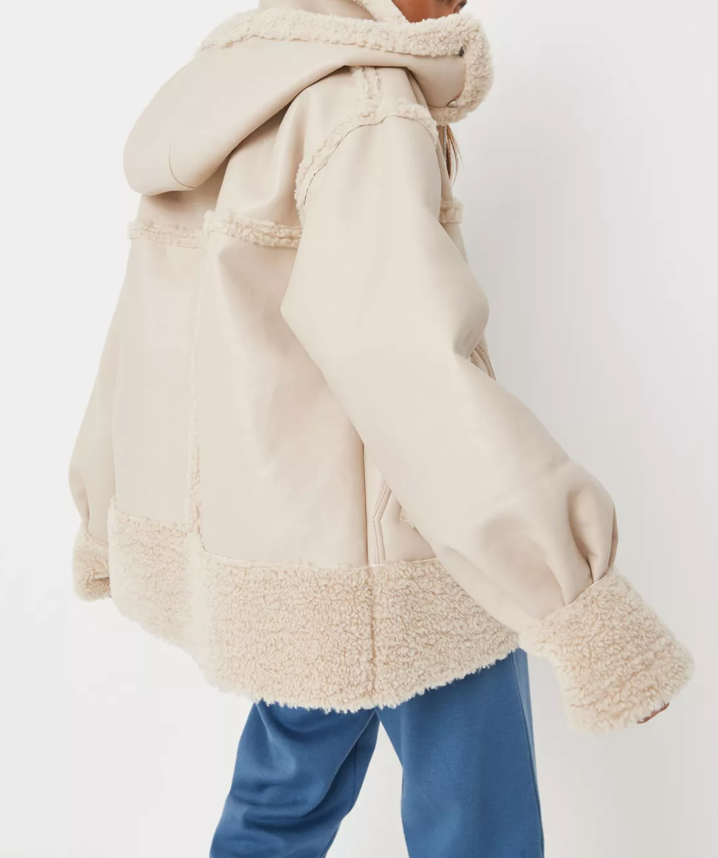 Missguided Cream Borg Teddy Faux Leather Hooded Aviator Jacket UK 8