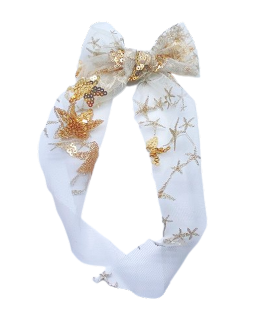 White Mesh Sequin Bow Clip