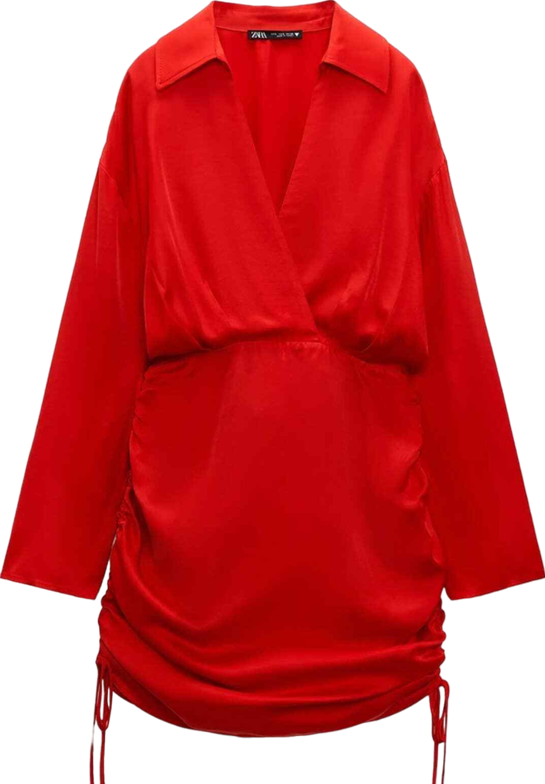 ZARA Red Satin Long Sleeve Ruched Mini Dress BNWT UK XS